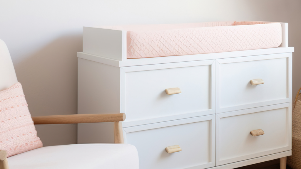 Image showing a multifunctional nursery with a convertible crib that turns into a toddler bed, a dresser doubling as a changing table with a changing pad on top, and a storage ottoman used for seating and storage.